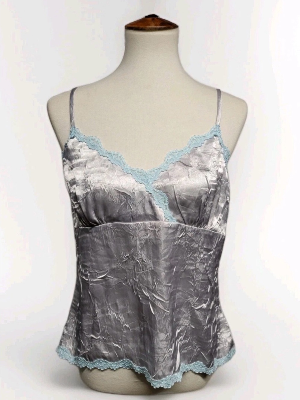 Old Navy Silver Satin Camisole with Light Blue Lace Trim